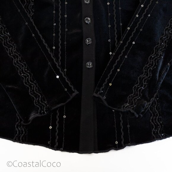 Baranda Vintage Velvet Top Blouse M Black Sequin Y2K Dark Whimsy Goth Vampy - Picture 7 of 12
